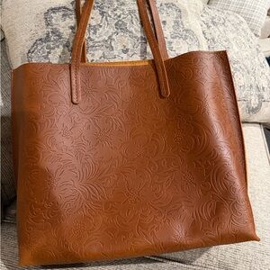 Leather August Tote Large Embossed Floral Meadow Brown Laptop Bag EUC